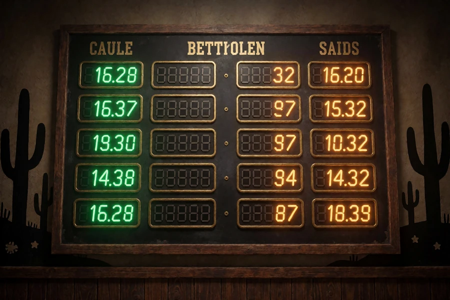 Live-Wettquoten-Tafel im Saloon-Stil mit gr&uuml;nen und orangefarbenen Neon-Zahlen bei Lizaro Live Wetten