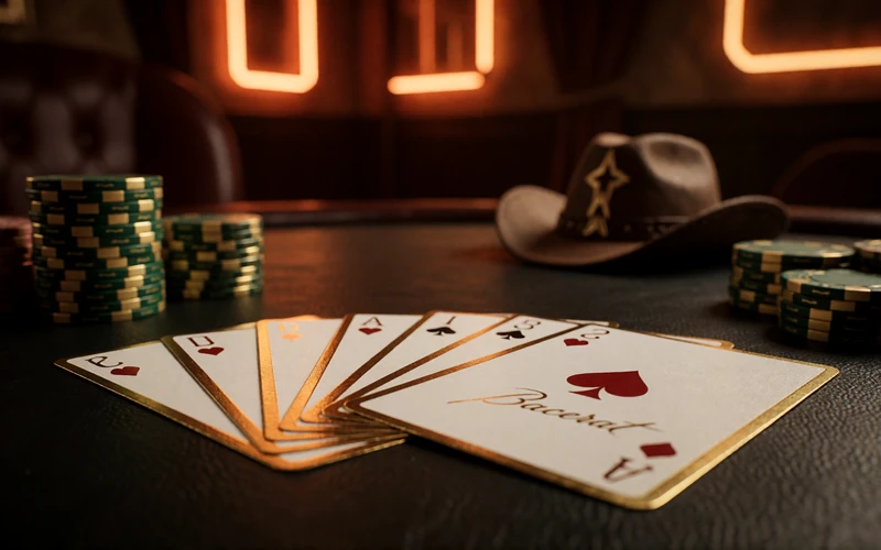 F&auml;cherf&ouml;rmig ausgelegte Baccarat-Karten mit goldenen und gr&uuml;nen Chips auf dunklem Ledertisch bei Lizaro