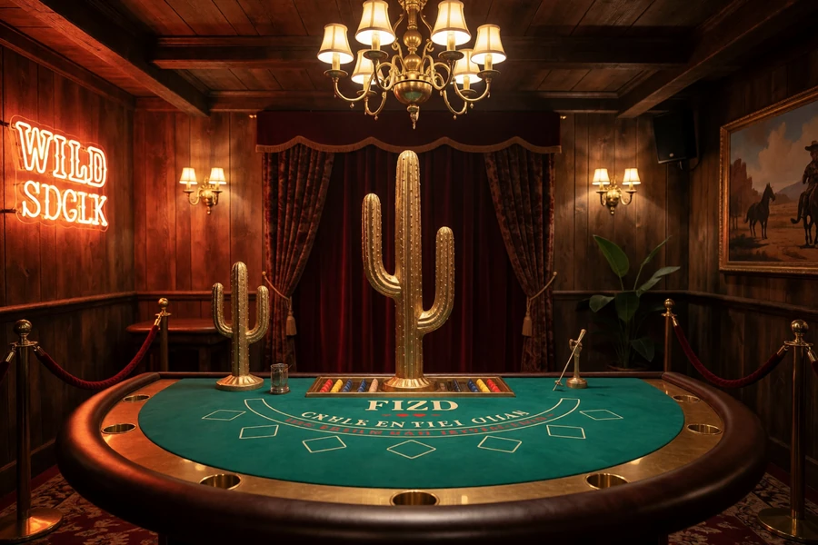 Exklusiver Gold-Saloon-Live-Tisch mit gr&uuml;nem Filz, Messingleiste und goldener Kakteen-Deko im Lizaro Live Casino