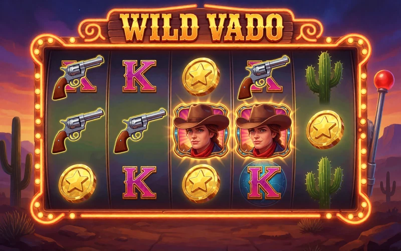 Wild-West-Spielautomat mit Revolver-, Cowboyhut- und Goldm&uuml;nzen-Symbolen auf den Walzen bei Lizaro