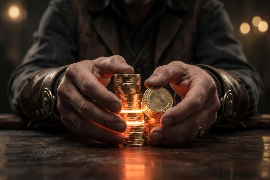 Cowboyh&auml;nde halten leuchtende goldene Pokerchips &uuml;ber einem dunklen Saloon-Tisch im Lizaro Casino