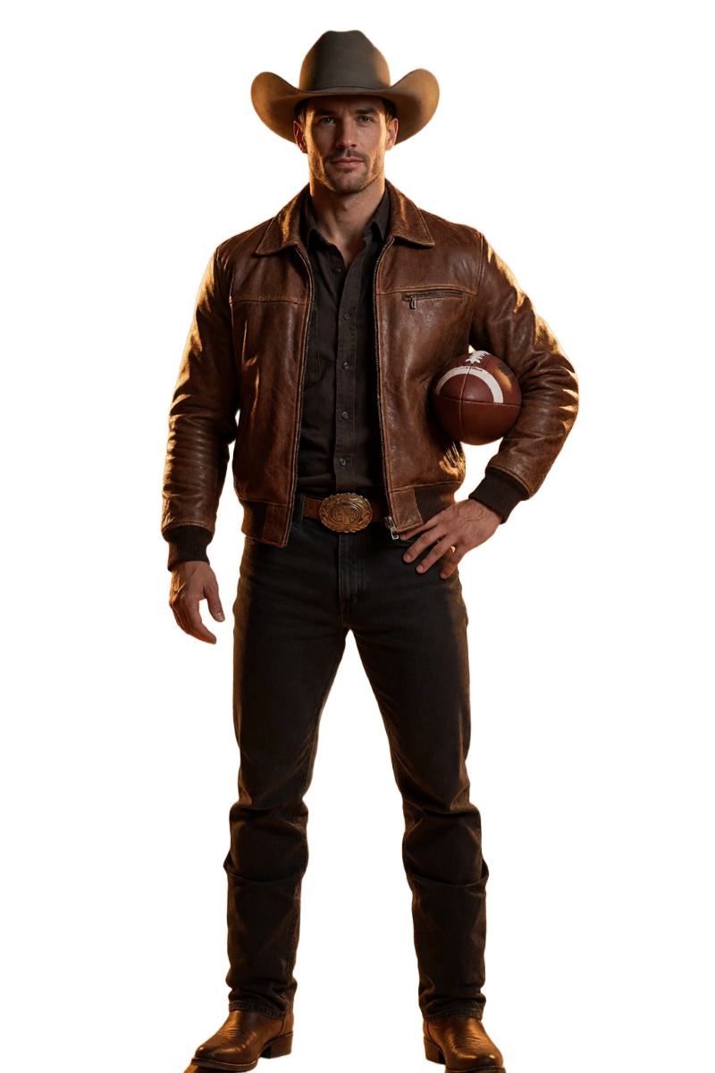 Selbstbewusstes Model Marco mit Cowboyhut und Lederjacke h&auml;lt einen Fu&szlig;ball - Sportwetten im Lizaro Western-Stil