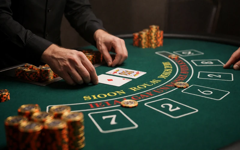Live-Blackjack-Tisch mit gr&uuml;nem Filz, Ass und K&ouml;nig sowie goldenen Chips im Lizaro Live Casino