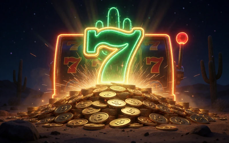 Leuchtender Jackpot mit Goldm&uuml;nzen und gr&uuml;ner Neon-Sieben &uuml;ber einem Slot im Lizaro Casino