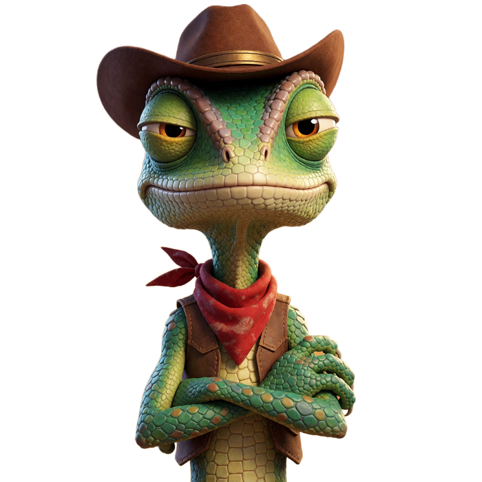 Lizaro Maskottchen: gr&uuml;ner Echsen-Cowboy mit winzigem Hut, rotem Halstuch und verschmitztem Grinsen