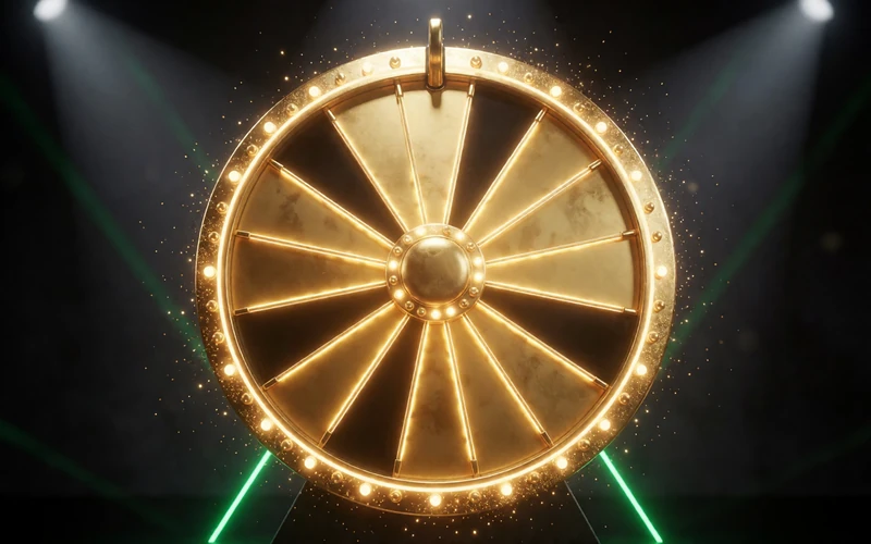 Leuchtend goldenes Gl&uuml;cksrad im Stil von Mega Wheel mit Scheinwerfern und gr&uuml;nem Neonglanz bei Lizaro