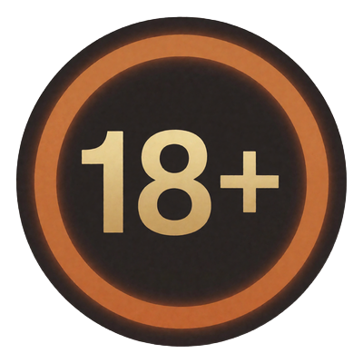 18-plus-Altersbegrenzungs-Badge in Orange und Gold f&uuml;r verantwortungsvolles Spielen bei Lizaro