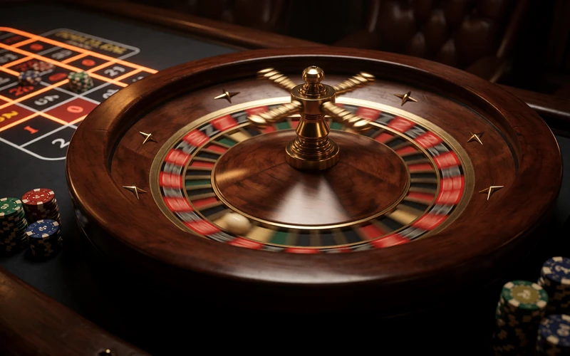 Drehender Live-Roulette-Kessel aus poliertem Holz mit goldener Kugel im Lizaro Live Casino