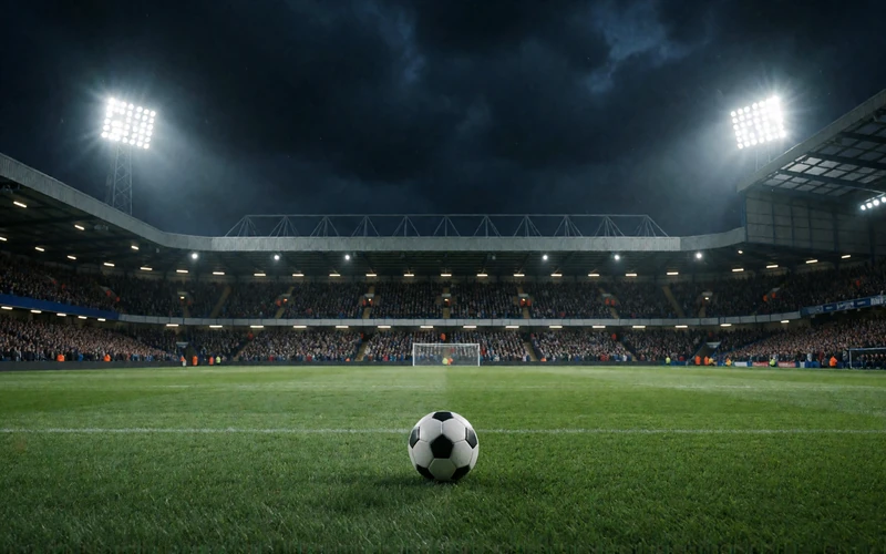 Flutlichtstadion bei Nacht mit Ball am Elfmeterpunkt &ndash; Sportwetten und Live-Wetten bei Lizaro