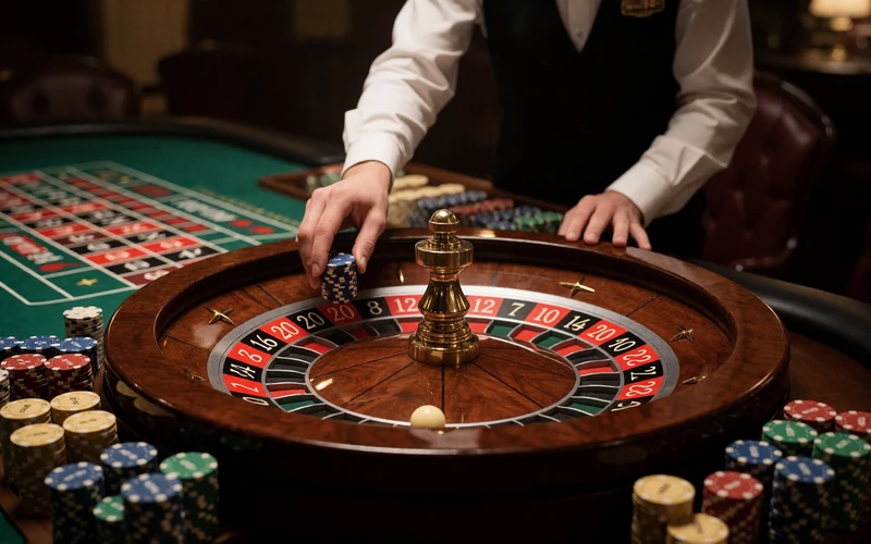 Live-Roulette-Tisch mit poliertem Holzkessel und Jetons im Lizaro Live Casino mit echten Dealern