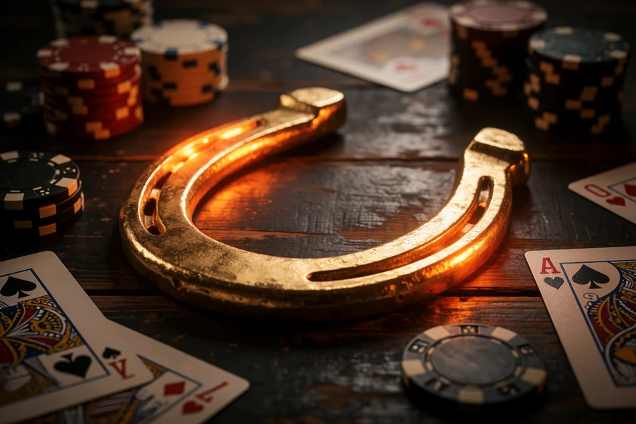 Leuchtendes goldenes Hufeisen mit Spielkarten und Pokerchips auf einem Saloon-Tisch &ndash; Lizaro Casino Willkommensbonus