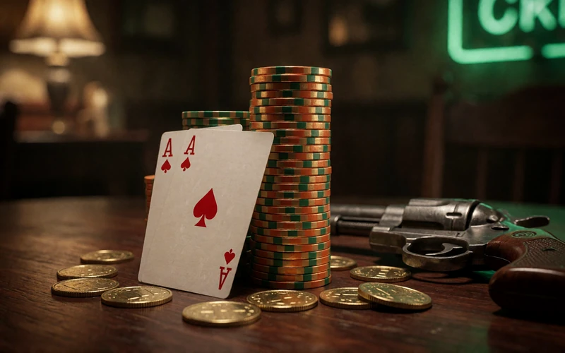 Hoher Stapel goldener, orangener und gr&uuml;ner Pokerchips mit zwei Assen am Saloon-Tisch im Lizaro Live Casino