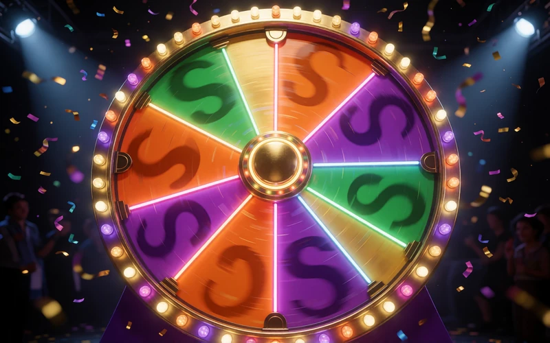 Buntes Game-Show-Gl&uuml;cksrad im Stil von Crazy Time mit Neonlichtern und Konfetti im Lizaro Live Casino